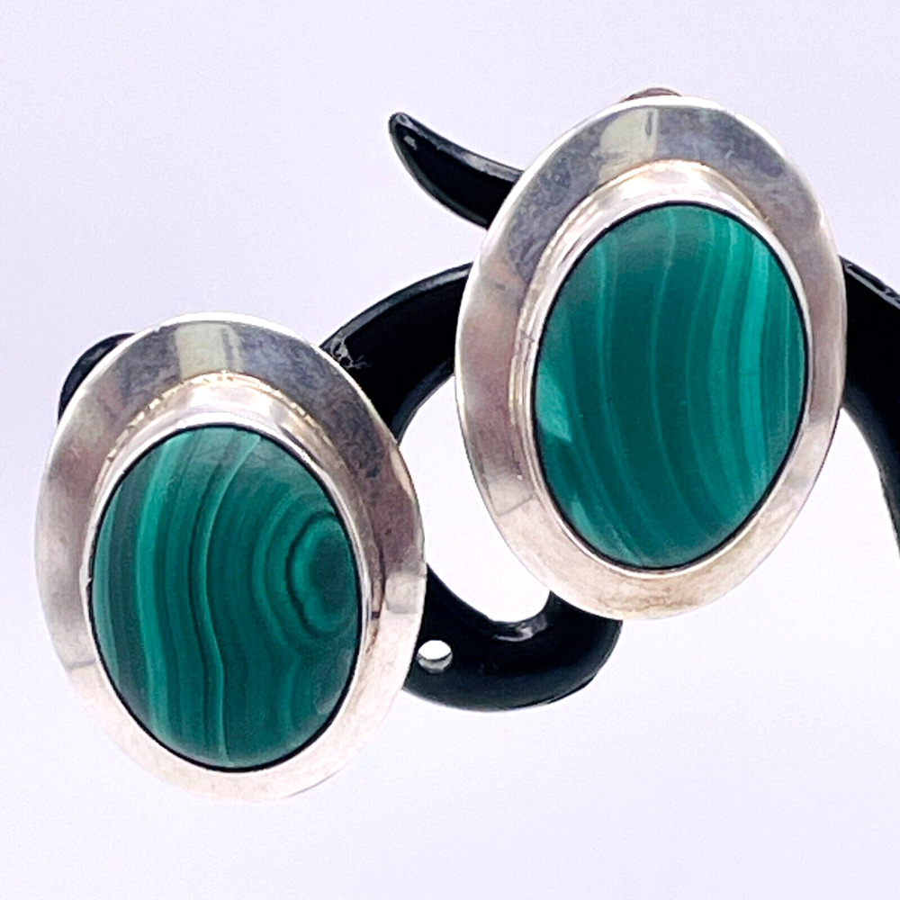 Sterling Silver Malachite Oval Clip On Earrings VTG Bezel Set Green Gemstone